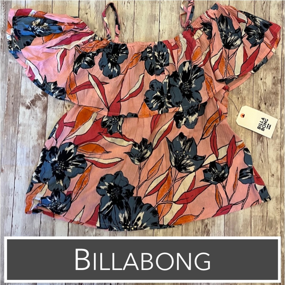 NWT Billabong Floral Cold-Shoulder Blouse with Spaghetti Straps and Flounce Col